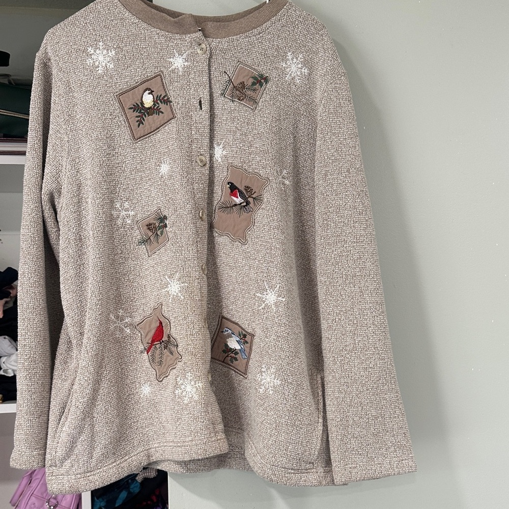 BonWorth Beige Cardigan with Bird Embroidery Christmas Xl